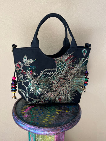 Hand Sewn Peacock Tote (Black)