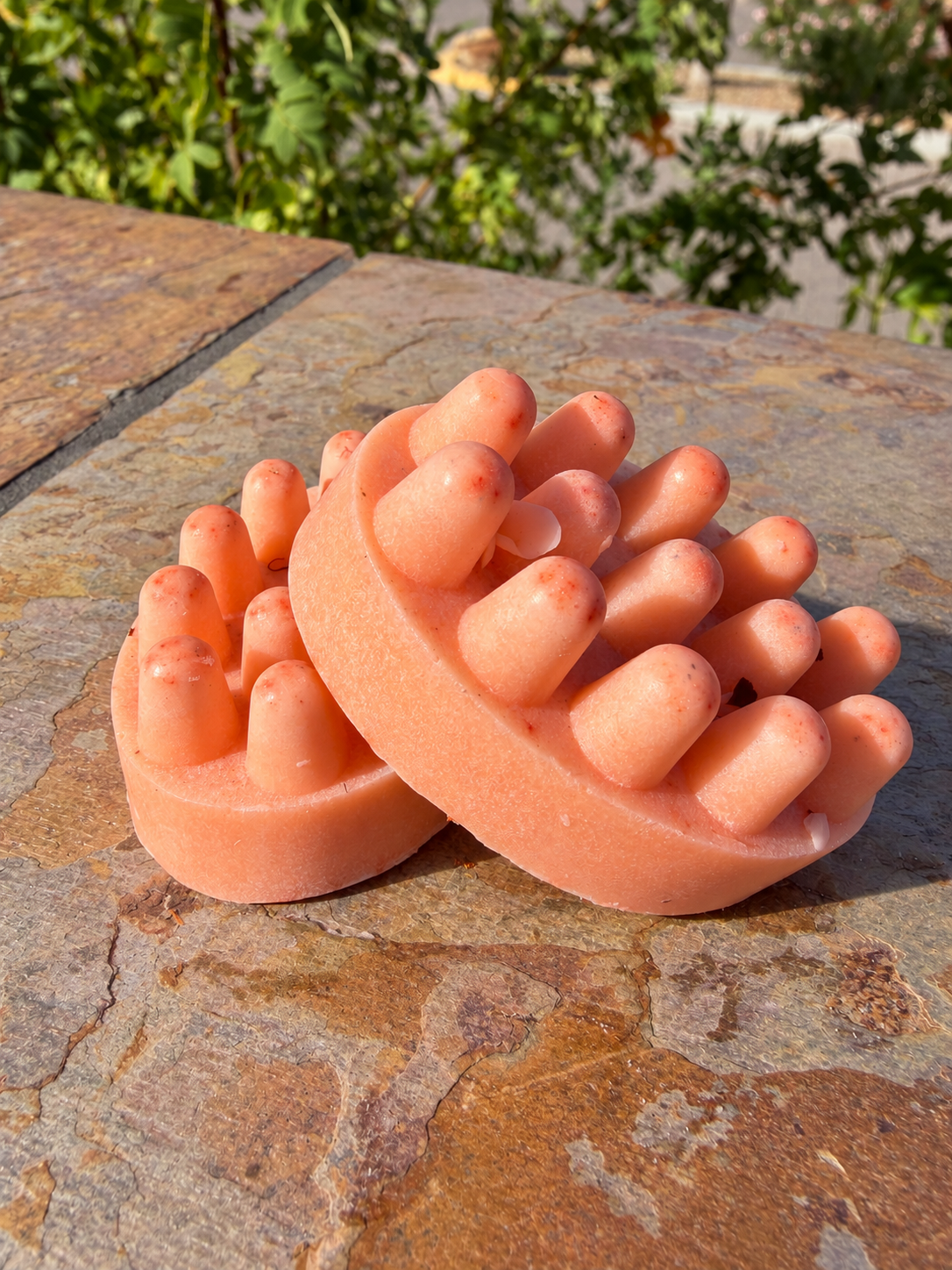 Two coconut milk plum creamy alternate handmade soap bars on a stone ledge