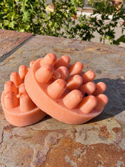 Two coconut milk plum creamy handmade soap bars on a stone ledge